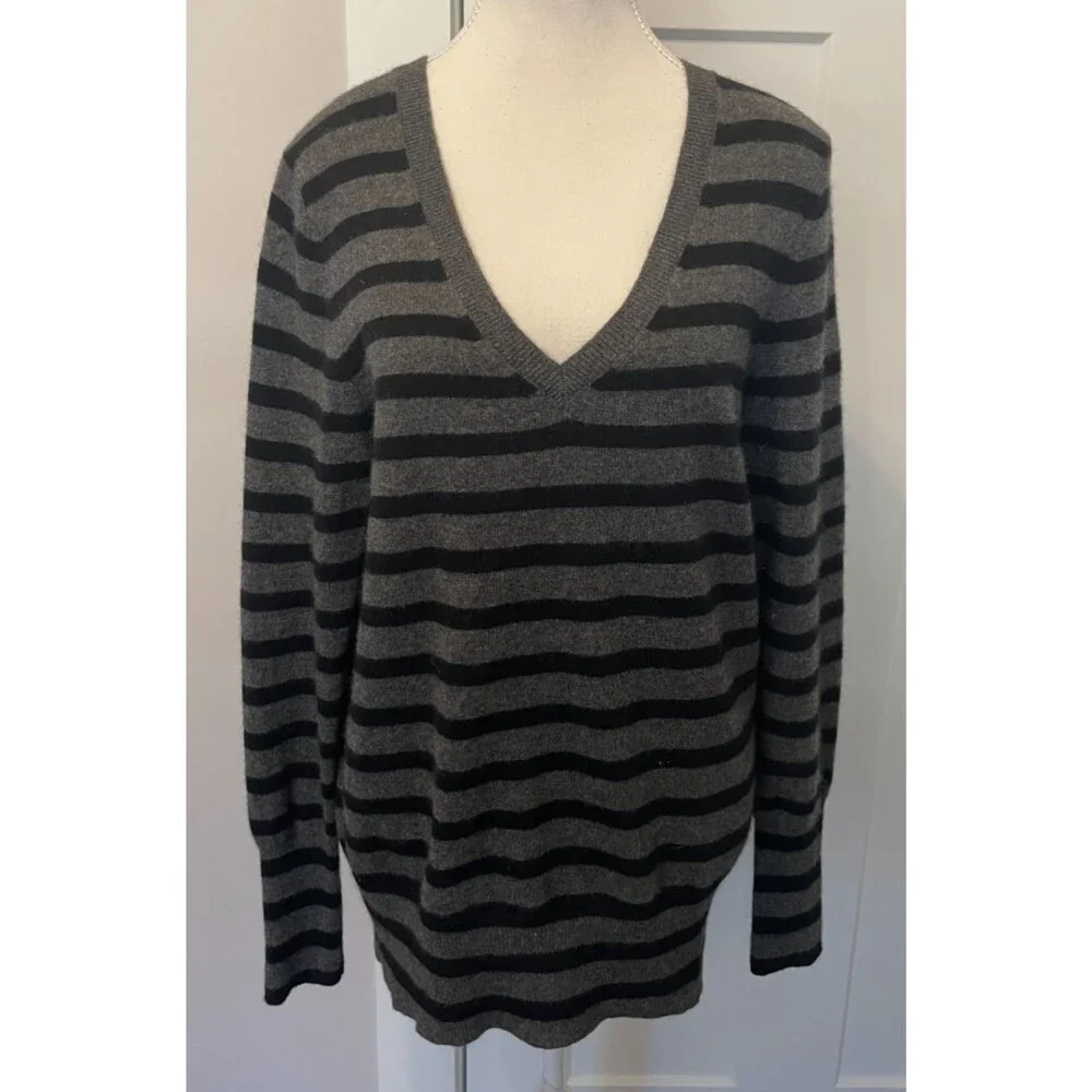 HALOGEN Womens Cashmere SWEATER Long Sleeve BLACK Gray V-Neck Size XL